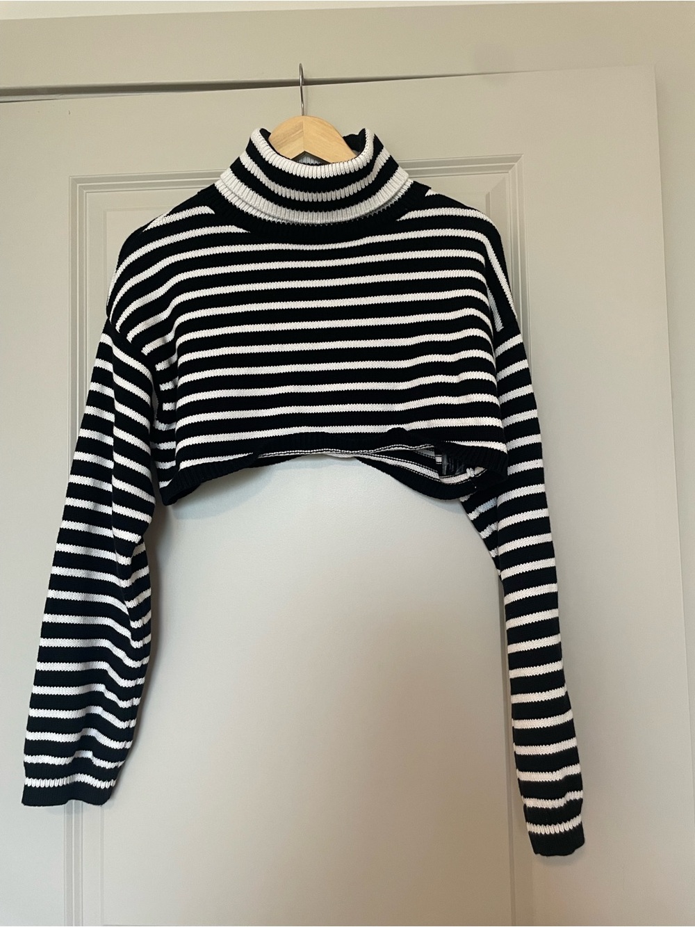 Olivaceous Striped Black and White Cropped Turtleneck Sweater 100% Cotton